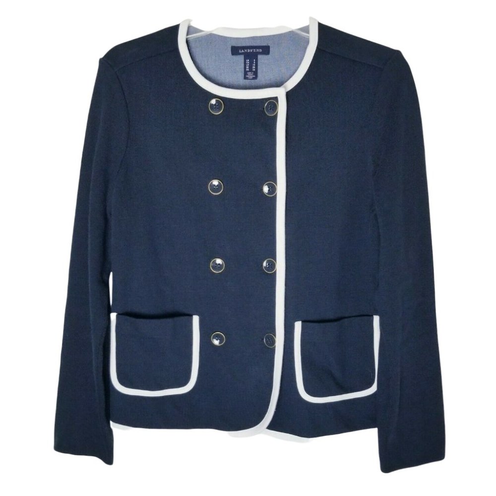 Lands End Blazer Jacket Women Size 6 Black White Trim